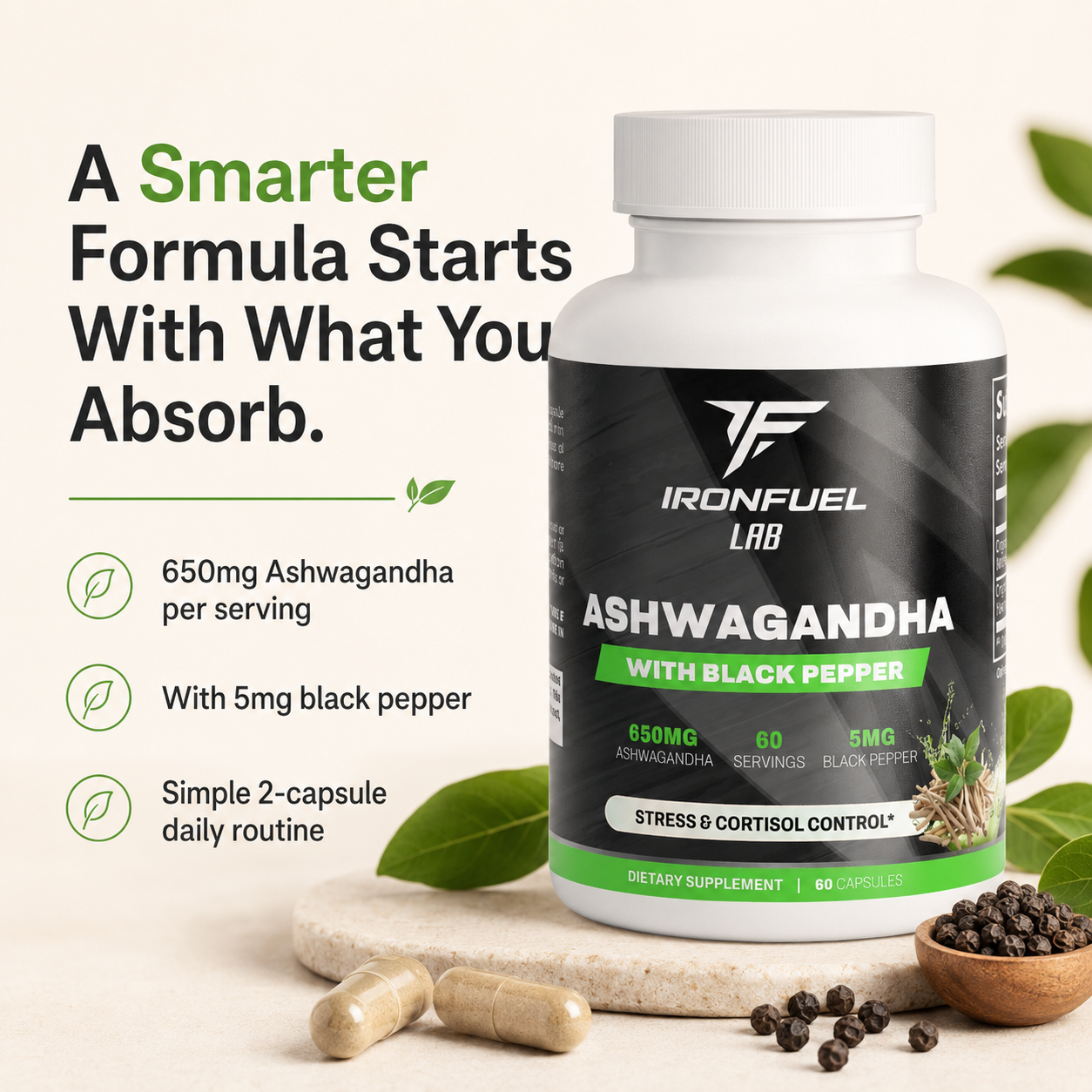 IronFuel Lab Ashwagandha formula with black pepper and daily dosage benefits