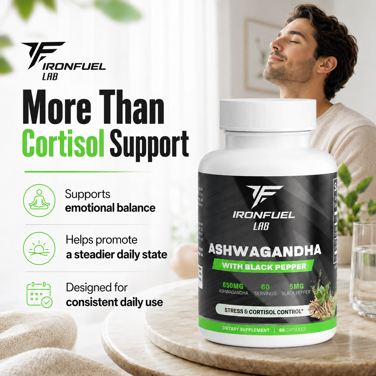 IronFuel Lab Ashwagandha supporting emotional balance and daily consistency