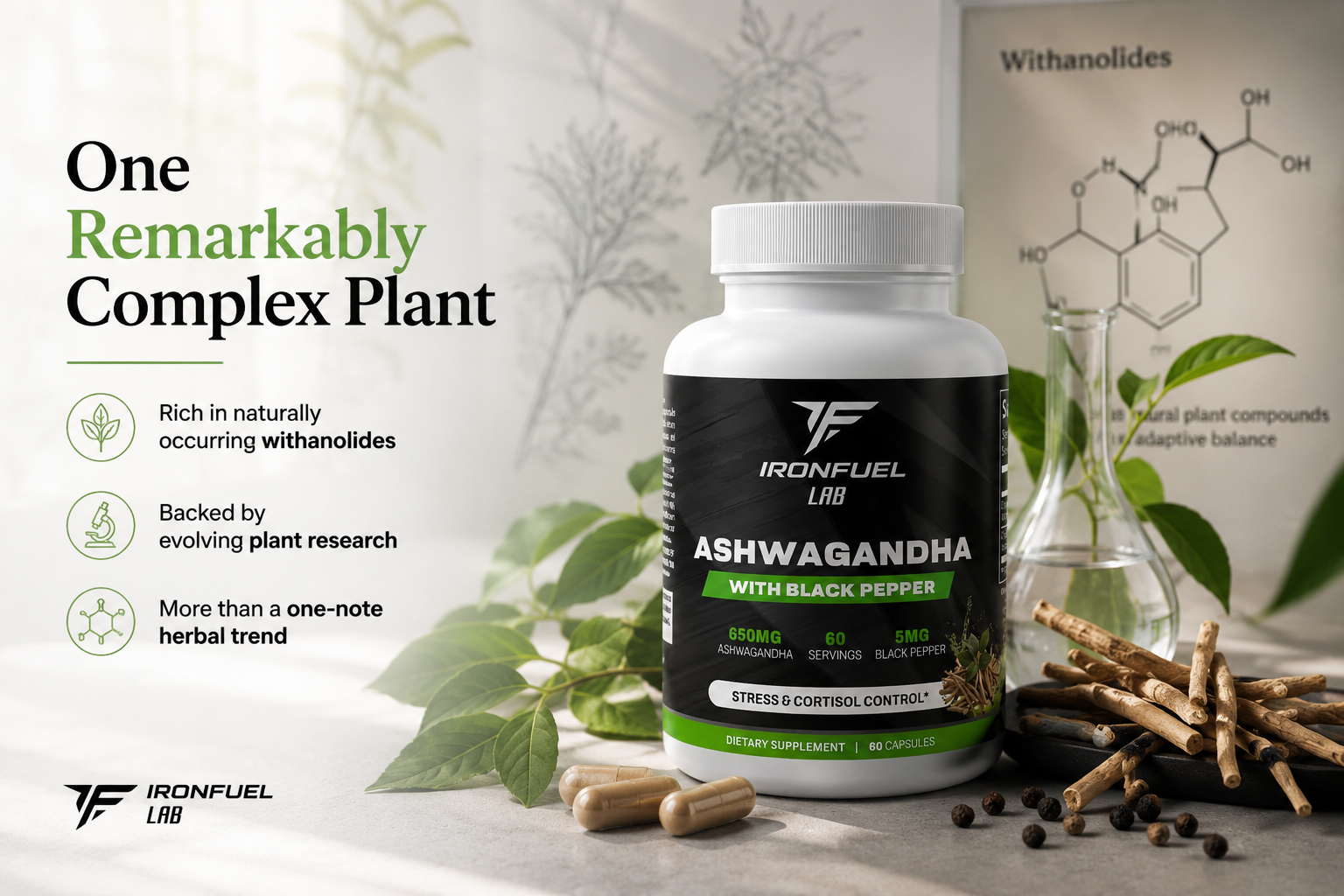 IronFuel Lab Ashwagandha with botanical and plant-science positioning