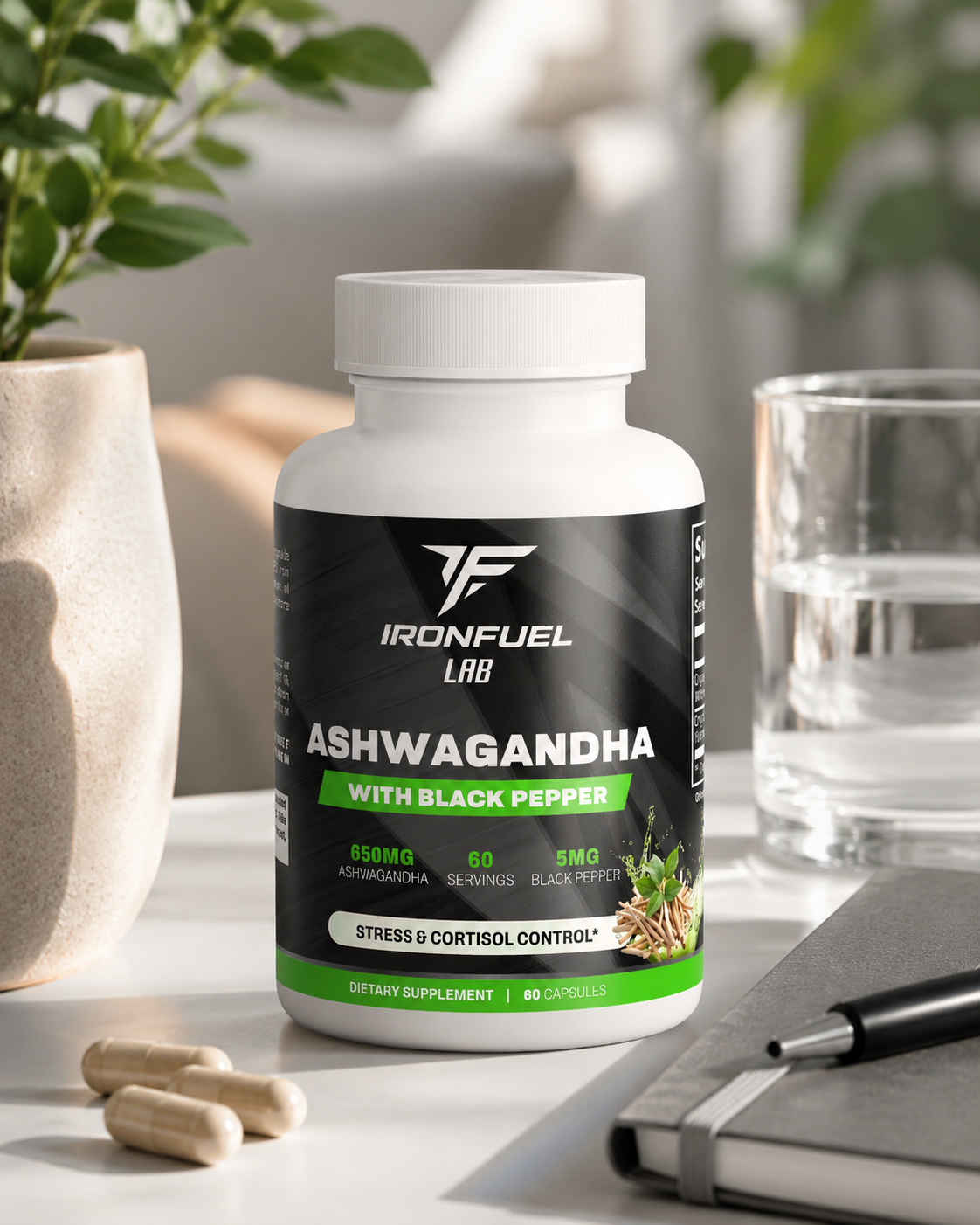 IronFuel Lab Ashwagandha bottle in a calm daily wellness setting beside frequently asked questions.