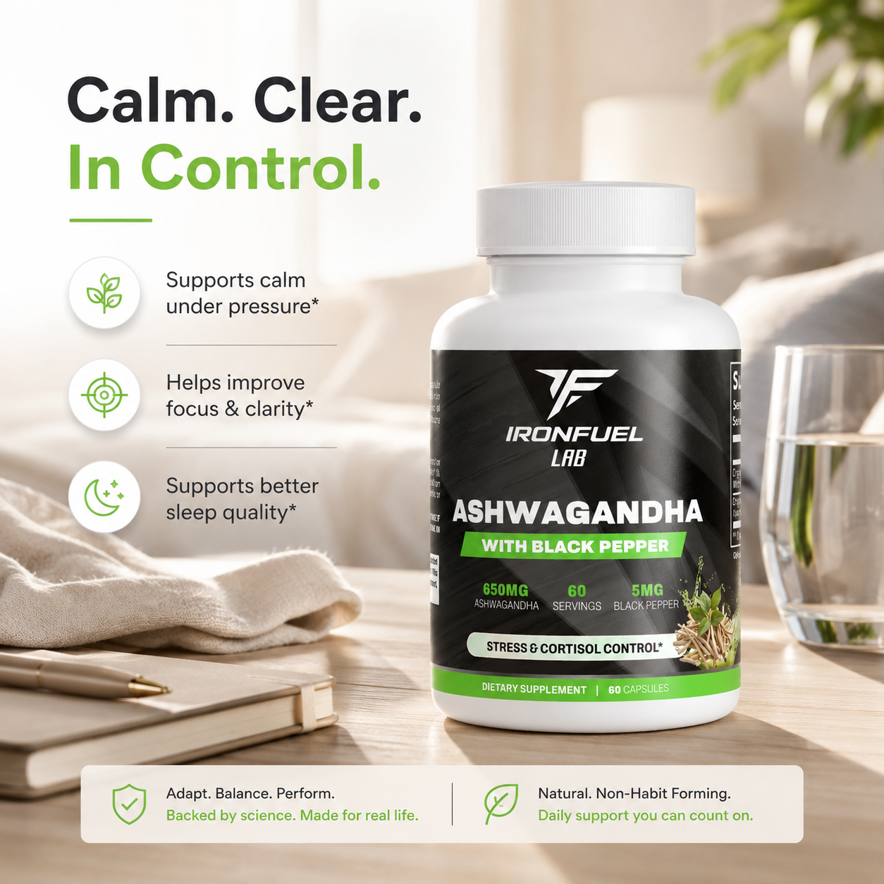 IronFuel Lab Ashwagandha supporting calm, focus, and sleep quality